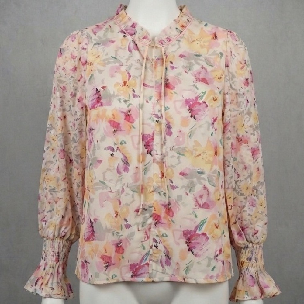 Dokotoo Women Floral Ruffle Neck Tie Blouse Pink Long Sleeve Top Large NWT
